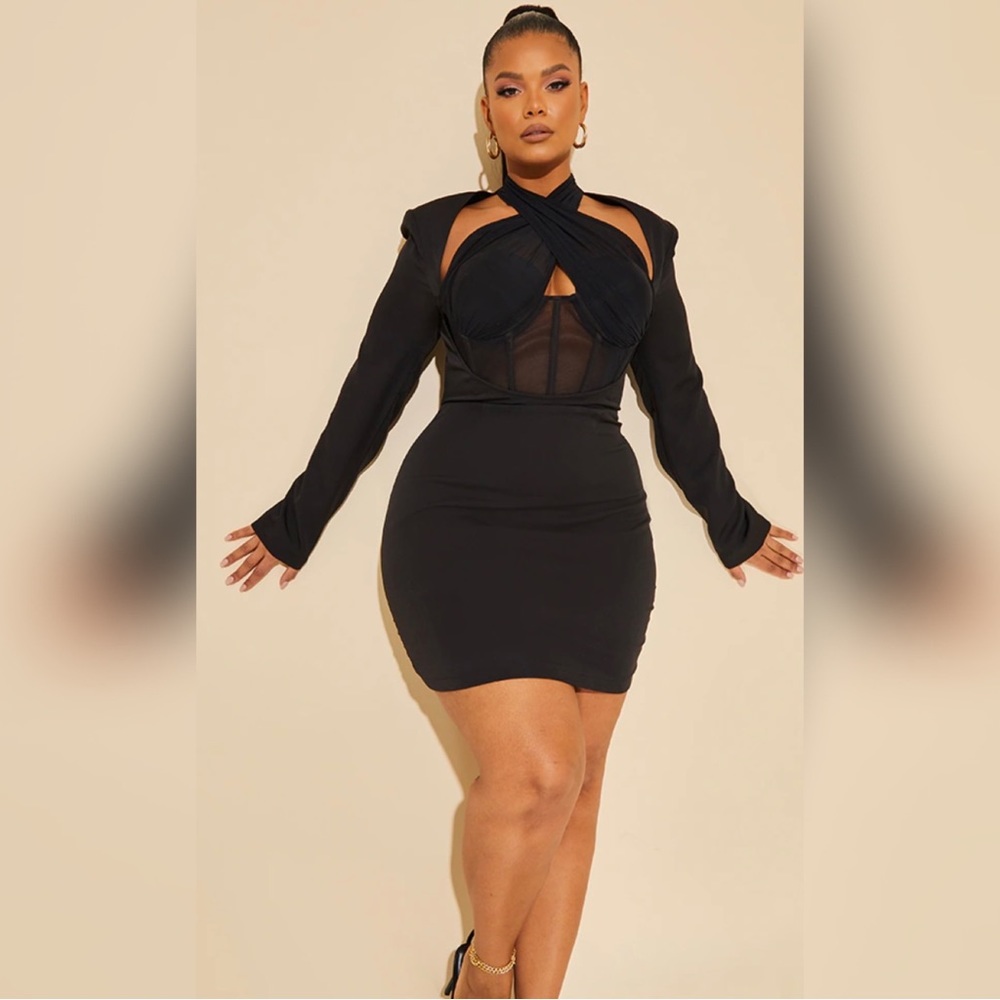 Plus Black Corset Cross Front Bodycon Dress
